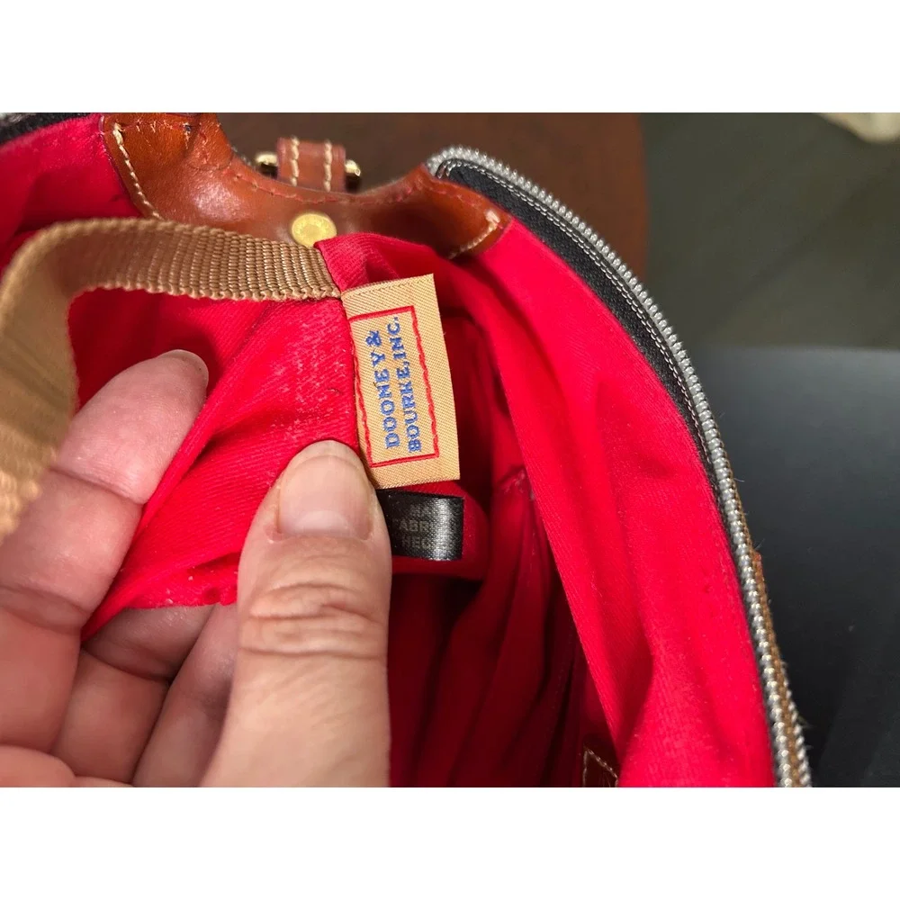 Dooney & Bourke Monogram Plaid Satchel Bag Leather Trim Cognac Gray